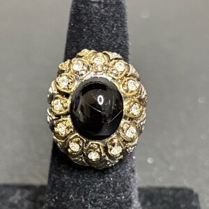 Vintage Black Stone Cabochon Rhinestone Oval Cocktail Adjustable Ring